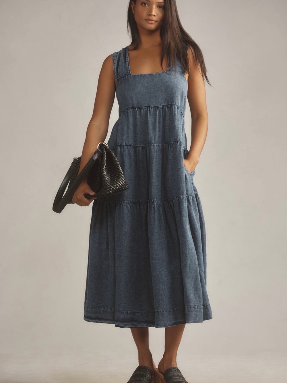 The Helena Square-Neck Tiered Midi Dress: Smocked: Denim Edition - Picture 5 of 15